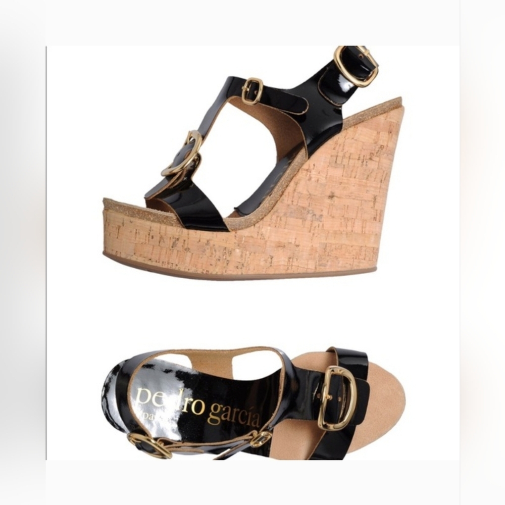 Pedro Garcia Black Wedge Sandals With Dust Bag Size 39 1/2 (8)